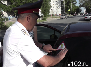 Начальник ГИБДД УВД Волгограда наклеивает стикер «Внимание! В машине ребенок!»